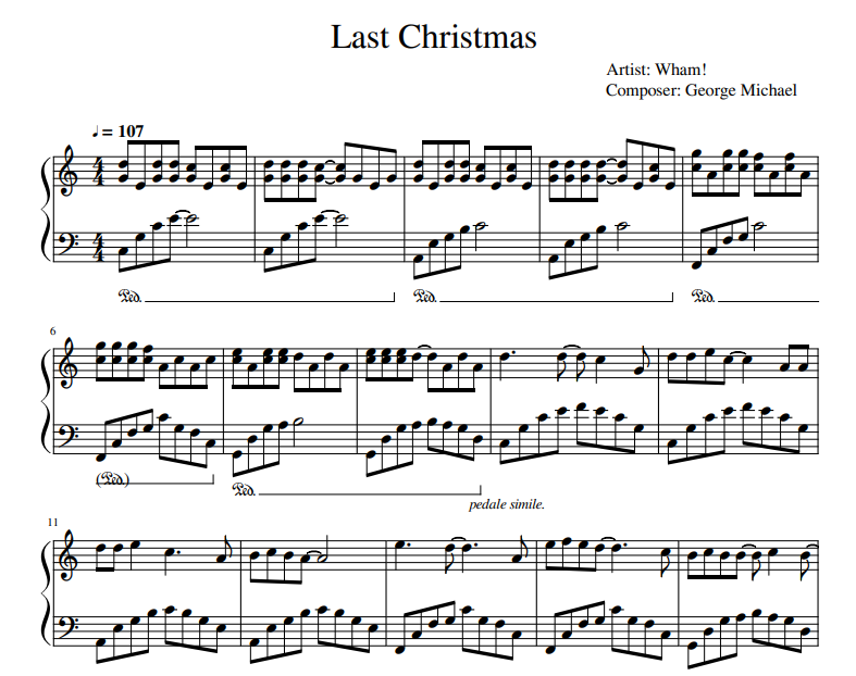 Wham! - Last Christmas sheet music for piano solo